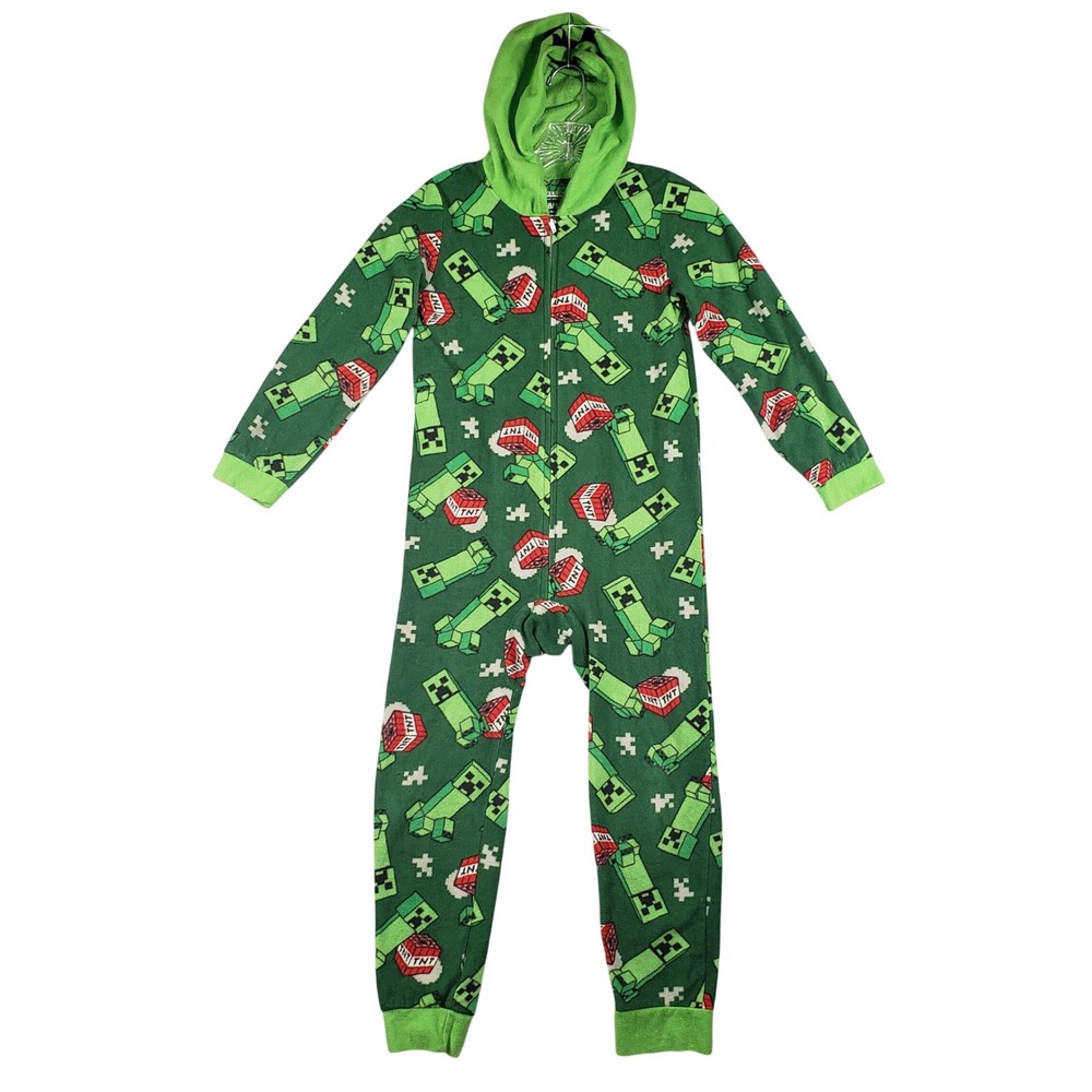 Minecraft Boys Pajamas Creeper TNT Hooded‎ One Piece Sleeper M 8/10 Green Fleece